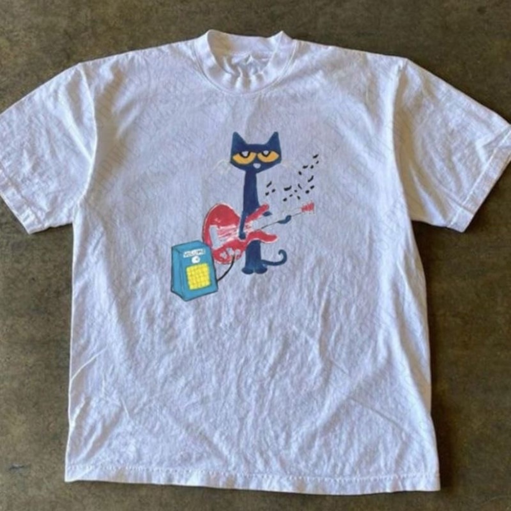 Kids White Tee with Cat and Guitar Design